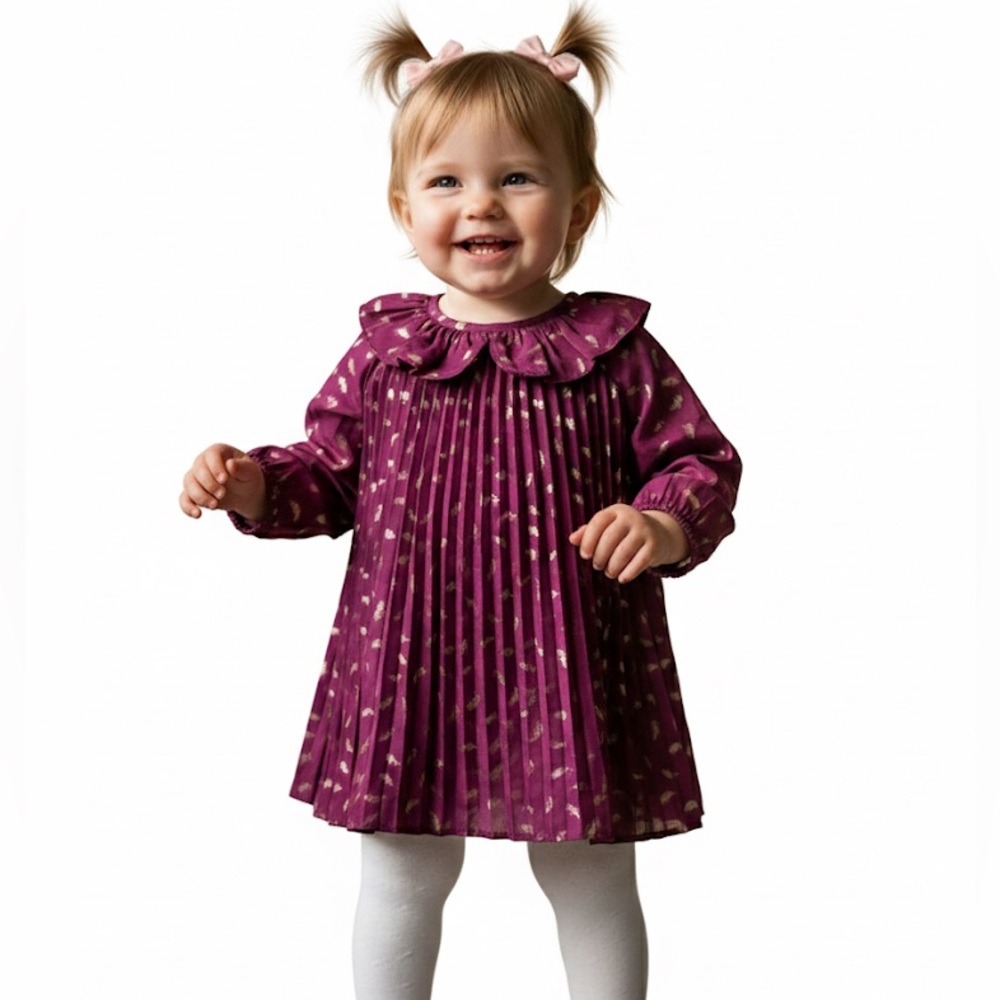 Cherokee Magenta Gold Foil Feather Pleated Dress Special‎ Occasion Party NWOT